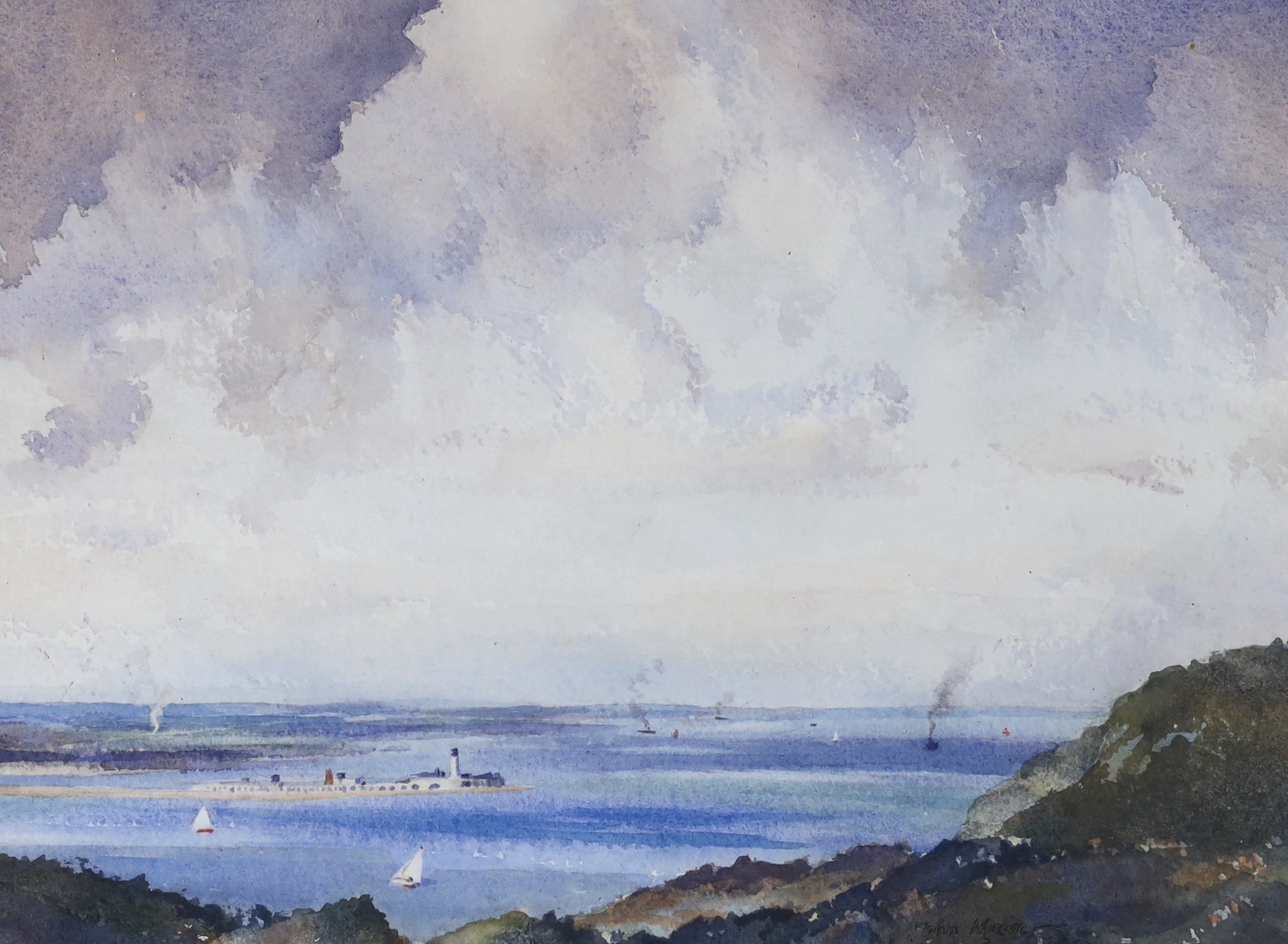 Rear Admiral Humfrey John Bradley Moore, CBE, RI (1898-1985), watercolour, Seascape with sail boats and further shipping, signed, 24 x 33cm